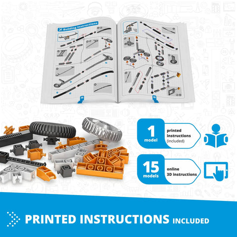 Open instruction booklet with building pieces for 16 In 1 STEM Building Kit For Kids 9 Plus With Levers And Linkages Hands On Engineering Toys For Boys And Girls Kid Friendly Educational Construction Set Fun Creative Activities Perfect Gift.
