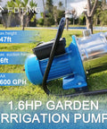 Plug And Play 1.6HP Portable Shallow Well Pump With A Heavy Duty Stainless Build To Serve Up A Smooth 1600 GPH Flow For Zero Stress Draining And Reliable Garden Irrigation This Jet Booster Tackles Yard Chores Like A Champ. Side view of a 1.6HP garden irrigation pump on grass.
