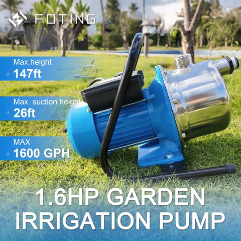 Plug And Play 1.6HP Portable Shallow Well Pump With A Heavy Duty Stainless Build To Serve Up A Smooth 1600 GPH Flow For Zero Stress Draining And Reliable Garden Irrigation This Jet Booster Tackles Yard Chores Like A Champ. Side view of a 1.6HP garden irrigation pump on grass.
