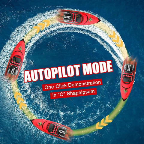 RC Boat For Kids And Adults, 2.4GHz Remote Control Boat With Bright LED Lights in autopilot mode in water, red