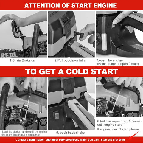 Instructional guide for starting Beastly 20 Inch Gas Chainsaw With 62cc 3.4HP Two Stroke Engine Auto Oiler Low Kickback Chain