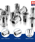 50 Piece Rivet Nuts Set 1/4-20 Stainless Steel Flat Head Threaded Inserts with knurled body, rust resistant nutserts.