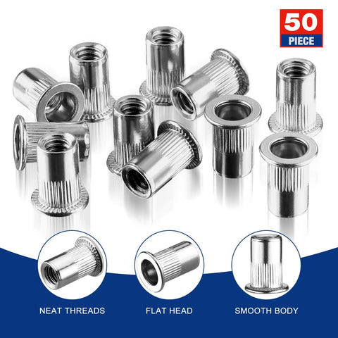 50 Piece Rivet Nuts Set 1/4-20 Stainless Steel Flat Head Threaded Inserts with knurled body, rust resistant nutserts.