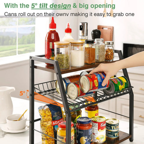 Three Tier Wooden Countertop Organizer For Kitchen And Office Space Saver with snacks and cans displayed in white with black accents