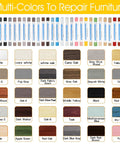 Color chart of 30 wax sticks from All In One Wood Repair Kit With 60 Plus 2 Pcs, showing shades for furniture touch-up.