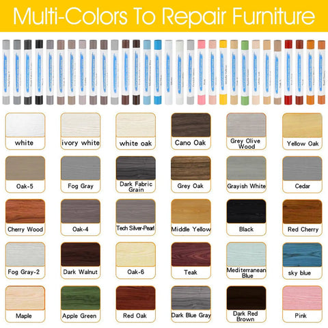 Color chart of 30 wax sticks from All In One Wood Repair Kit With 60 Plus 2 Pcs, showing shades for furniture touch-up.