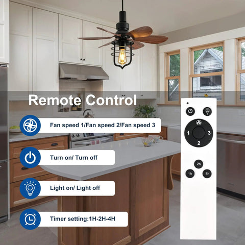 20 Inch Ceiling Fan With Light Socket And Remote in kitchen, showing remote control features, vintage industrial design