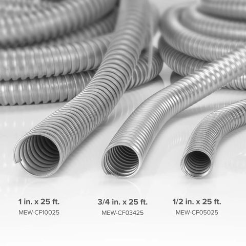 1 Inch by 25 Foot Galvanized Steel Flexible Conduit for Electrical Wiring, smooth interior for easy wire pull, interlocking design shown with different sizes