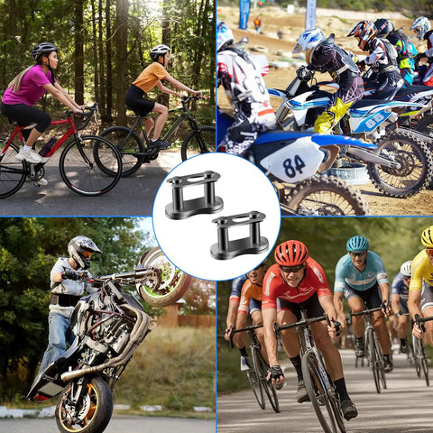Number 35 Chain Master Link Eight Pack Heavy Duty Steel Quick Release Connector for mini bike and ATV repair shown with bikers.