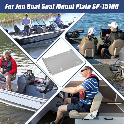 Collage of versatile Jon Boat bench seat mount plate, installed views, and fishing scenarios with durable sure mount bracket kit.