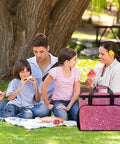 Family enjoying picnic with Sparkling Pink Glitter Insulated Picnic Backpack Tote Bag 30L Large Capacity Leakproof Waterproof Cooler Bag.