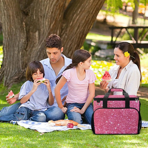Family enjoying picnic with Sparkling Pink Glitter Insulated Picnic Backpack Tote Bag 30L Large Capacity Leakproof Waterproof Cooler Bag.