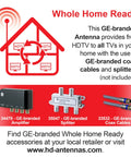 Diagram showing whole home ready GE-branded amplifier, splitter, and coax cables for HDTV setup