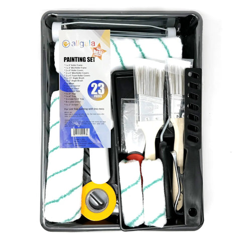 23 Piece Ultimate DIY Decorating And Painting Toolkit With 9 Inch And 4 Inch Roller Kits, brushes, trays, and lint free covers.