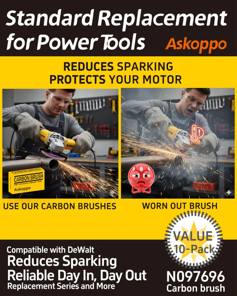 Ten Pack Heavy Duty Carbon Brushes For Angle Grinders Replacement Parts N097696, showing brushes in action reducing sparks.