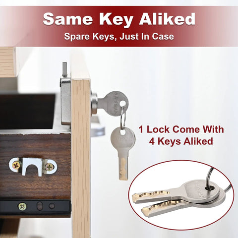 Top Shelf Cabinet Locks With Keys For Desk Drawers And Office Furniture, showing lock with 4 matching keys for security.