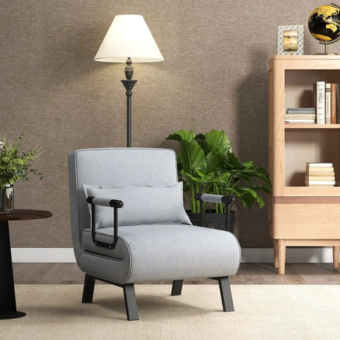 4-In-1 Convertible Sofa Bed Sleeper Chair with linen upholstery and metal legs in a cozy living room setting, gray color.