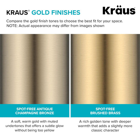 Comparison of spot-free antique champagne bronze and brushed brass finishes for kitchen fixtures by Kraus.