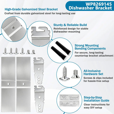 High-quality galvanized steel components of Straight Up Heavy Duty Dishwasher Mounting Bracket Kit For Granite Countertops with installation guide.