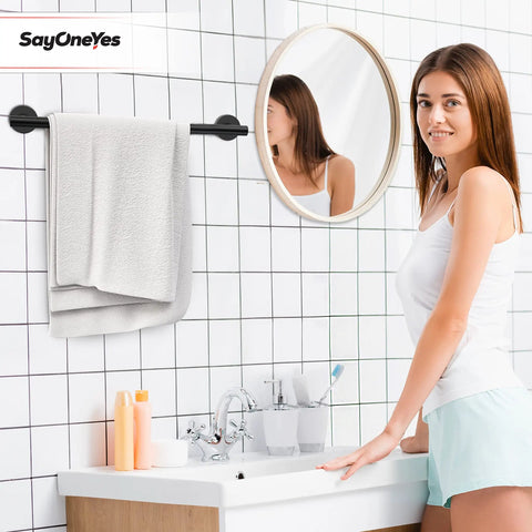 Matte Black Towel Bar 18 Inch Heavy Duty Stainless Steel SUS304 Wall Mounted Towel Holder Rack in bathroom with woman