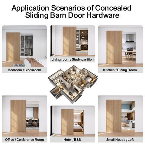 Application scenarios of Slick Concealed Barn Door Hardware Kit With Soft Close Mechanism for sliding doors in different rooms