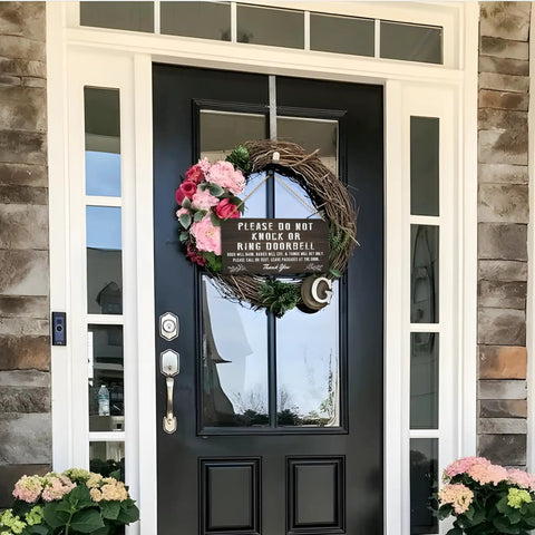 Please Do Not Ring Baby Sleeping Sign For Front Door Double Sided PVC Rustic Hanging Sign on black door with floral wreath