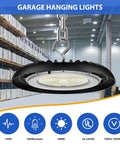 UFO LED High Bay Light 150W 16500 Lumens 5000K Plug In Shop Light with US Hook hanging in warehouse ceiling view