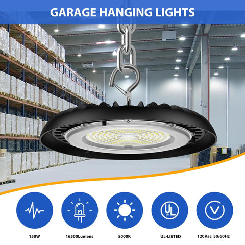 UFO LED High Bay Light 150W 16500 Lumens 5000K Plug In Shop Light with US Hook hanging in warehouse ceiling view