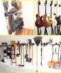 Garage organized using 6x24 Inch Slatwall Panels Four Pack PVC Slat Wall Board with sports equipment and tools hung on hooks.