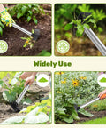 Two Pack 2 In One Weed Puller Tool Set 17 Inch manual weeding rake and garden hoe in use for garden beds, veggies, and flowers