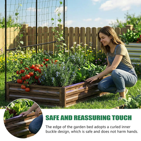 Woman tending to Do It All Galvanized Raised Garden Bed Set With Two Beds And 87 Inch Arch Trellis For Climbing Plants Outdoor Metal Planter Box With Netting And Wood Grain Finish For Flowers Vegetables And Fruit
