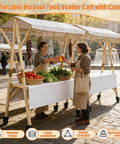 Portable Farmers Market Stand With Foldable Canopy On Wheels For Street Vending And Outdoor Events Sturdy Wooden Vendor Cart