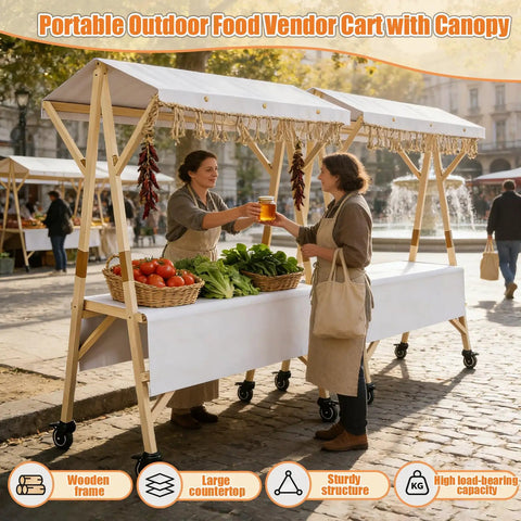 Portable Farmers Market Stand With Foldable Canopy On Wheels For Street Vending And Outdoor Events Sturdy Wooden Vendor Cart
