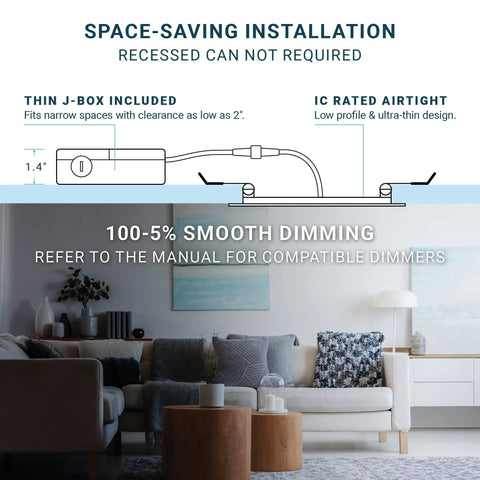 Diagram showing installation of 6 Inch Ultra Thin LED Recessed Ceiling Light With Junction Box Pack Of 12, 12W Dimmable Canless Wafer Slim Panel Downlight, IC Rated, ETL Listed, 2700K Warm White, Easy 2 Inch Ceiling Clearance Install over a modern living room backdrop.