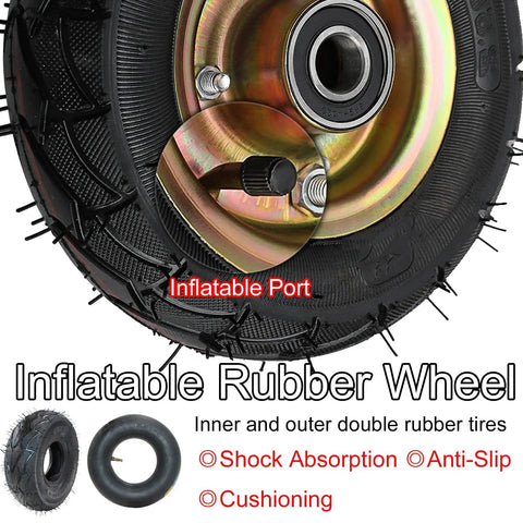 Heavy Duty Rubber Casters 2 Pack 8 Inch Swivel And Fixed Industrial Wheels With Mounting Screws close-up of inflatable rubber wheel with port and double tires.