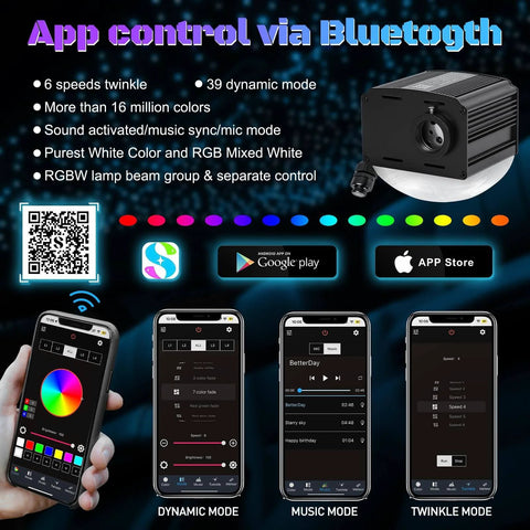 App control features for Starlight Fiber Optic Headliner Kit For Cars With Twinkle And Lit Sound Activated RGBW Lighting, 16W Power