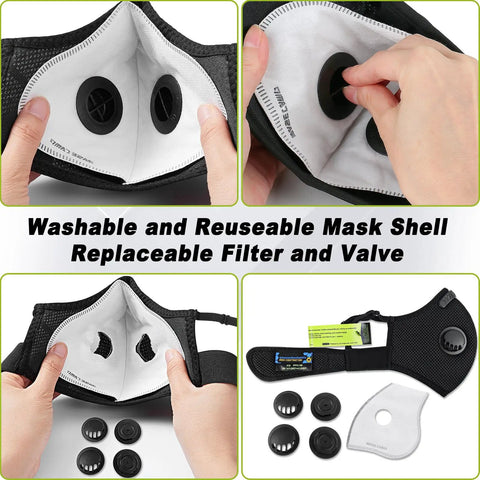 M Plus Dust Face Mask With Six Activated Carbon Filters, showing washable shell and replaceable valves for woodworking and cycling