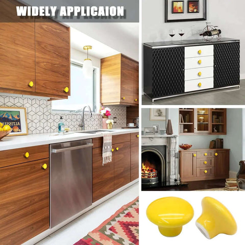 Top Shelf Yellow Ceramic Kitchen Cabinet Knobs, Super Solid 32 mm Round Pull Handles displayed on various cabinets and drawers.
