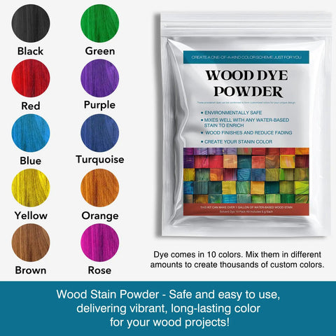 Premium Wood Stain Powder Kit For Indoor And Outdoor Furniture Deck Crafting Projects Fast Drying Wood Dye Mix with bold colors in ten hues.
