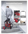 Rock Solid 100 Ft Drain Cleaner Machine 8 Cutter Sewer Snake Auger on stairs, with large wheels and telescopic handle for easy mobility.