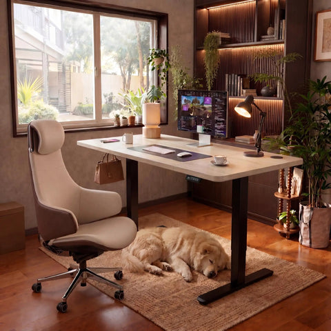 Furmax Maple Computer Desk 48 X 24 Inches Electric Height Adjustable Standing Desk With Memory Preset T-Shape Frame in home office setup.