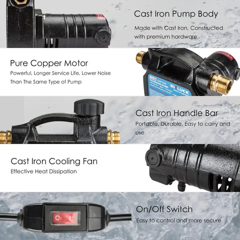 KITLUCK 120V 1/2 HP Water Transfer Pump with cast iron body, copper motor, cooling fan, handle bar, and ON/OFF switch details