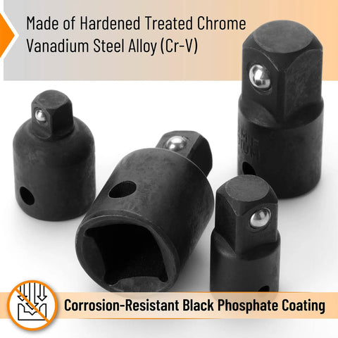 Impact Socket Adapter And Reducer Set, 4-Piece Drive Size Conversion Kit For 1/2 To 3/8, 3/8 To 1/4, 3/8 To 1/2, And 1/4 To 3/8 Inch