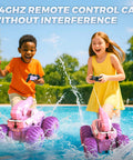 Kids playing with Amphibious 3-In-1 RC Stunt Car For Kids, 4WD Offroad That Transforms To Water Boat With Built-In Water Gun