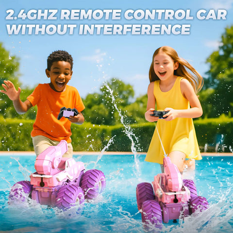 Kids playing with Amphibious 3-In-1 RC Stunt Car For Kids, 4WD Offroad That Transforms To Water Boat With Built-In Water Gun