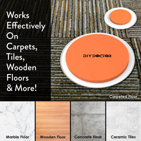 8 Piece Heavy Furniture Sliders Set With Large And Small Pads for Moving on Carpet, Hardwood, Tile - Orange circle design, floor types shown
