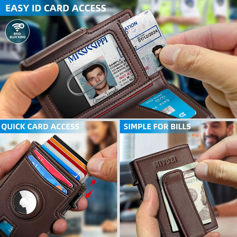 Airtag Wallet For Men With Money Clip And 10 Card Capacity, Slim Metal Case Pop Up Card Holder, RFID Blocking, ID window
