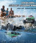 Amphibious RC Monster Truck Boat with IPX7 Waterproof splashing in water, showcasing 360 degree rotation and rugged design