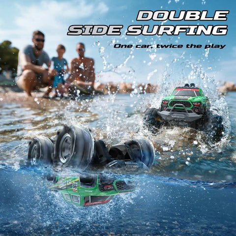 Amphibious RC Monster Truck Boat with IPX7 Waterproof splashing in water, showcasing 360 degree rotation and rugged design