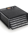 Five Tray Electric Food Dehydrator Featuring Adjustable Thermostat And 26 Hour Timer With Reliable Auto Shut Off, black with mesh trays.